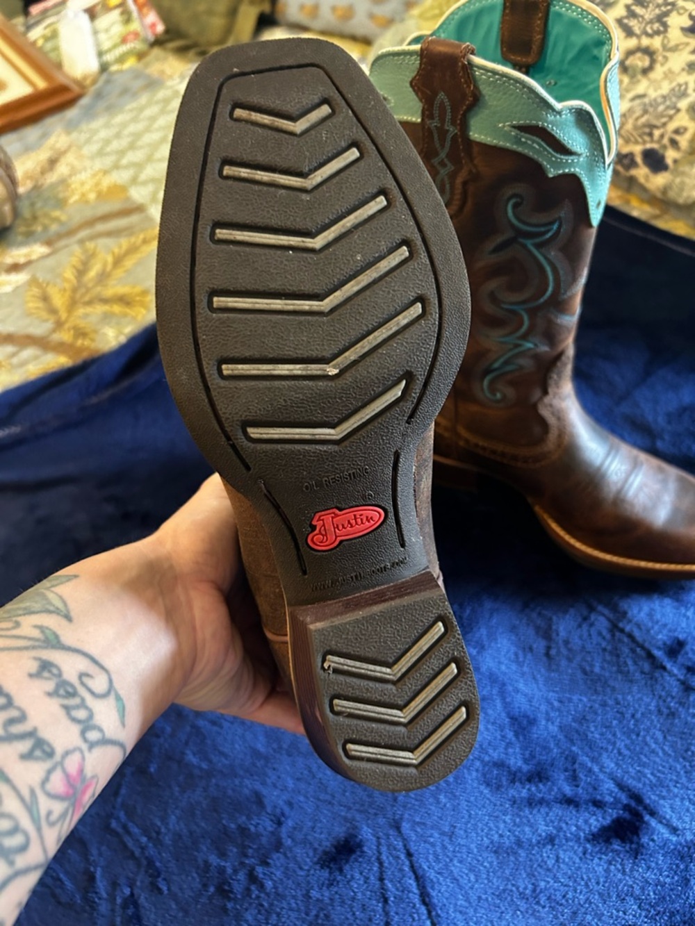 Justin Boots Brown Leather Cowboy Boots with Turquoise Top Trim - Picture 8 of 12